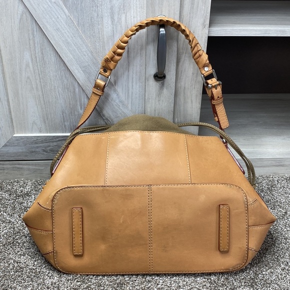 Calvin Klein Tan Leather Saddlebag Canvas Drawstring Woven Handled Bag Rare - Picture 5 of 11